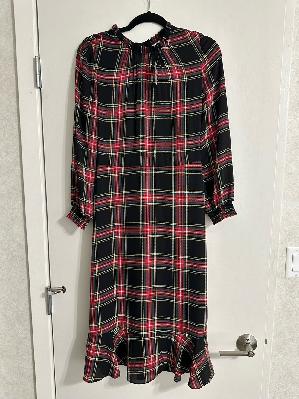 J. Crew Black Plaid Long-Sleeve Ruffle-Hem Dress with Red & Yellow Stripes